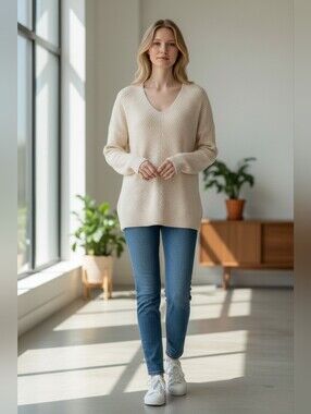 Chaps Cream V-Neck Long Sleeve Women's Sweater